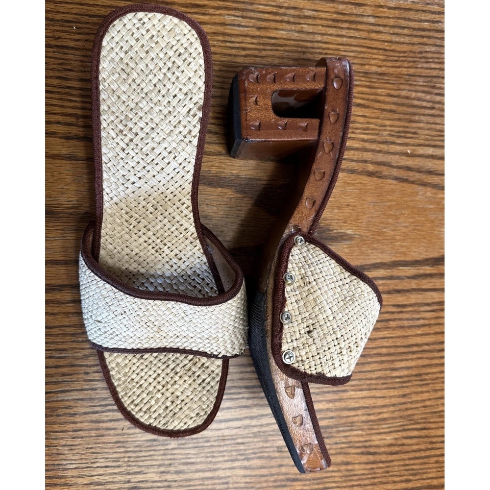 Vintage Women's Hand Carved Wooden Wedge Pump Shoes Size 7
